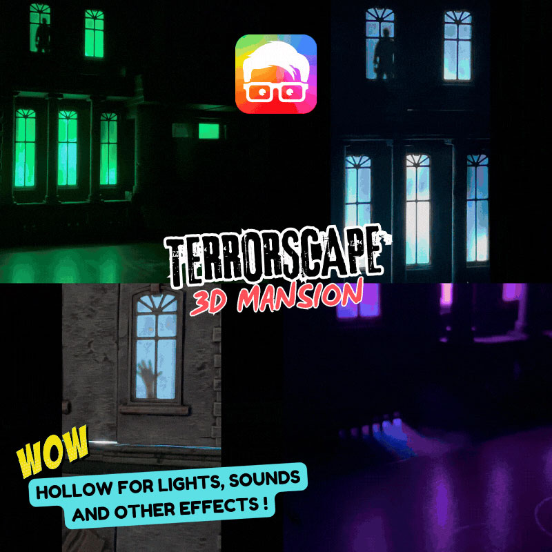 3D printed mansion with LED lighting effects for spooky atmosphere
