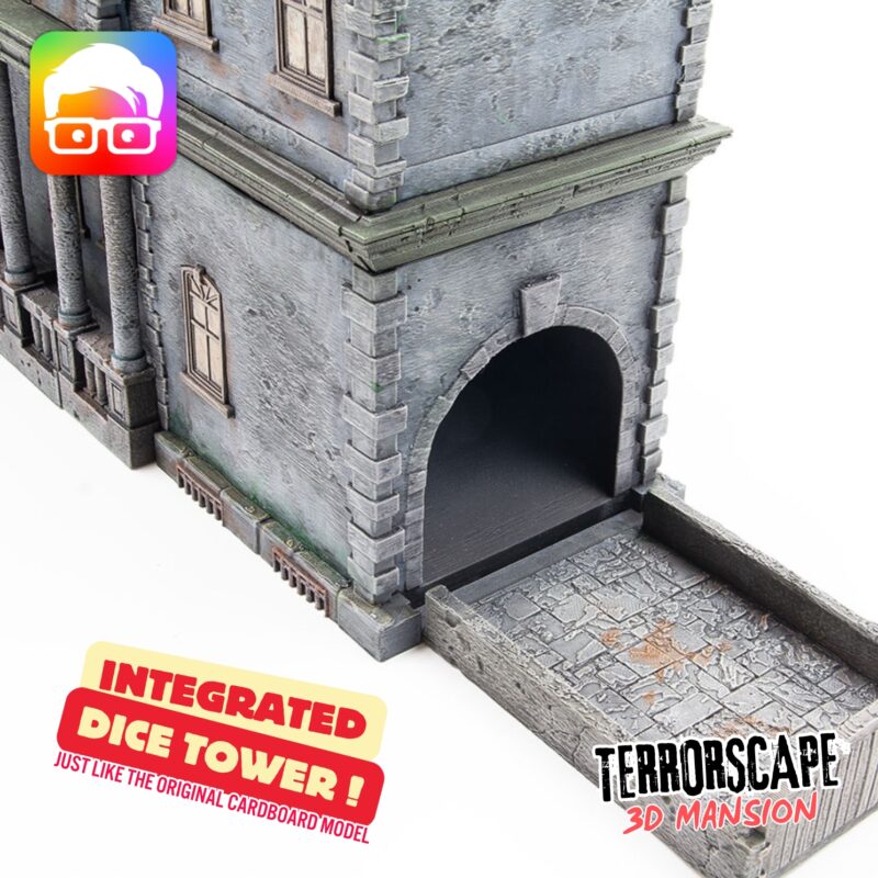 3D printed mansion with integrated dice tower for Terrorscape